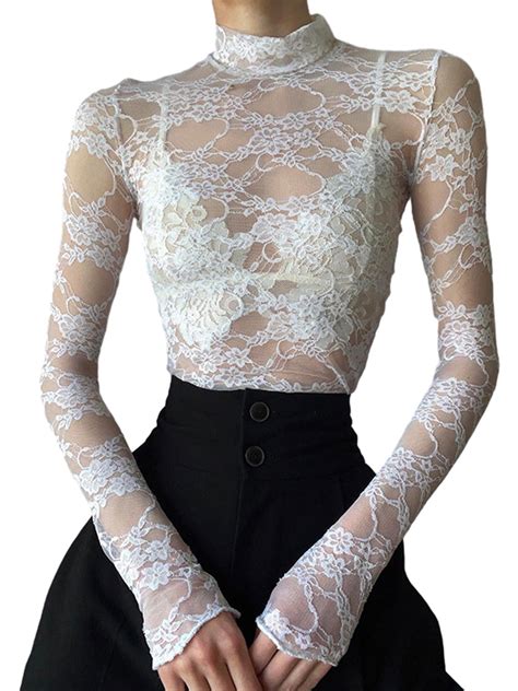 Hirigin Women Long Sleeve Floral Lace Top Turtleneck Sheer Embroidery