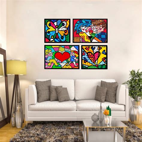 Romero Britto Brito Quadros Decorativos 4 Unidades C Moldura R 179