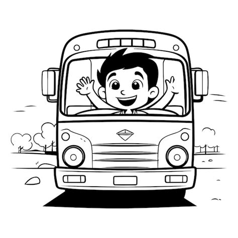 Niño saludando desde el autobús vector de ilustración de dibujos