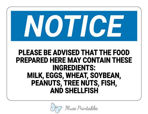 Printable Food Allergy Notice Sign