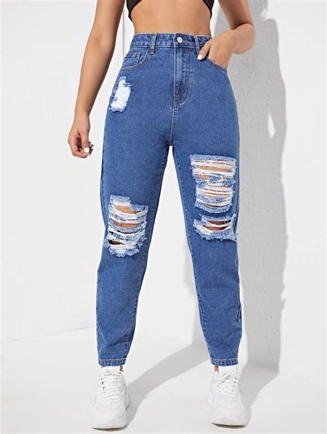 Jeans Ajustados Mom Desgarro Mode De Mujer Shein Espa A