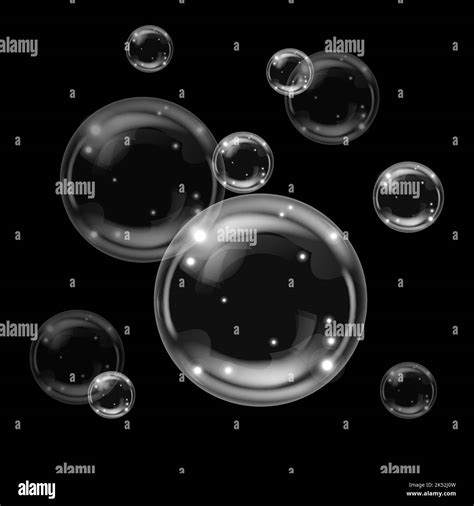 Transparent Bubbles On Dark Background Realistic Shiny Round Bubbles
