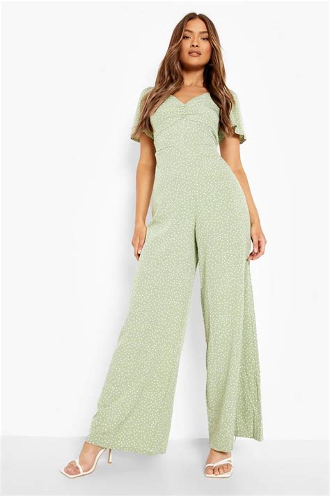 Polka Dot Ruched Bust Wide Leg Jumpsuit Boohoo