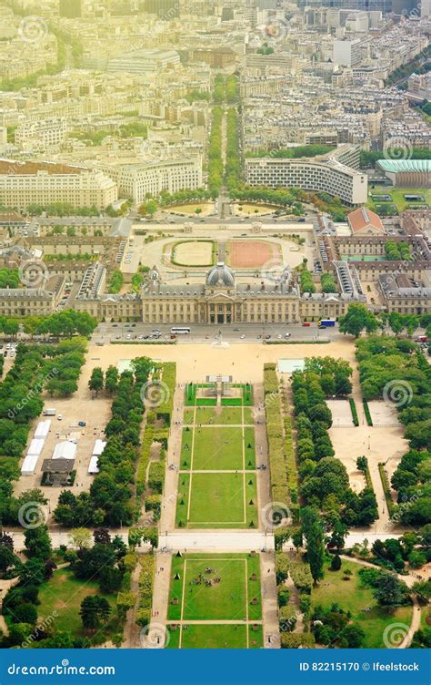 Le Champ De Mars Gardens In Paris France Sunny Flare Day Stock Photo