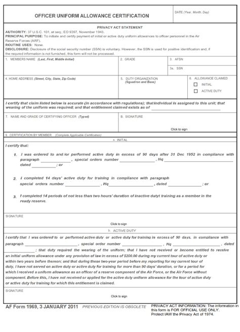 Af Form 1969 Officer Uniform Allowance Certification Af Forms