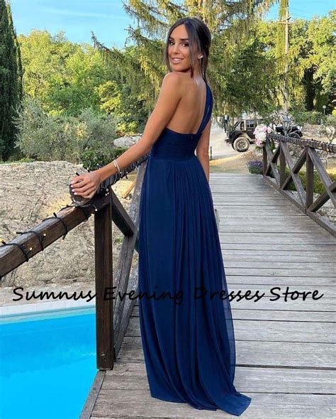 Dark Blue One Shoulder Evening Dresses Soft Tulle Backless Prom Dress Simple Summer Long Party