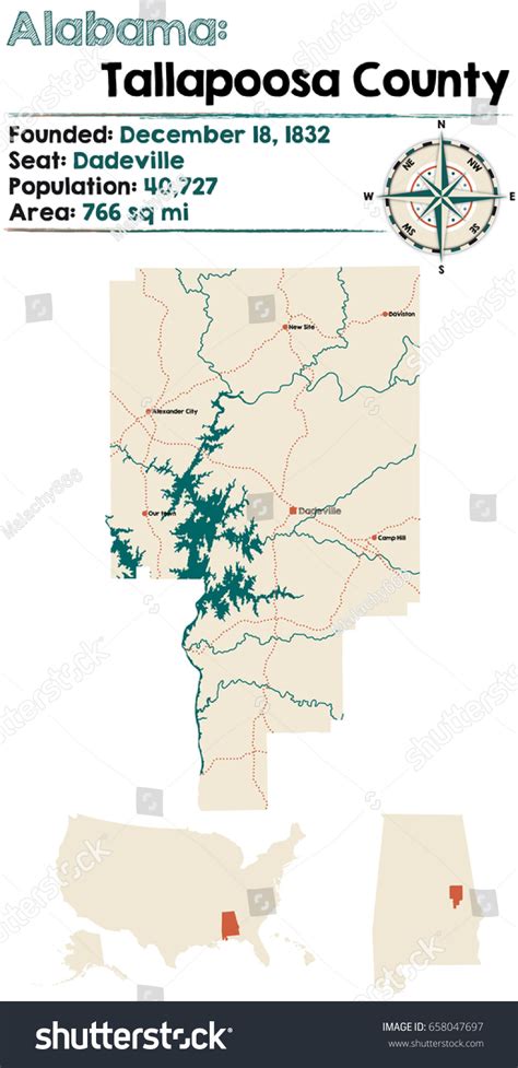 Large Detailed Map Tallapoosa County Alabama เวกเตอร์สต็อก ปลอดค่าลิขสิทธิ์ 658047697