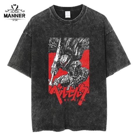 Anime Berserk Vintage Manga Acid Washed T Shirt 100 Cotton Tees Hip Hop