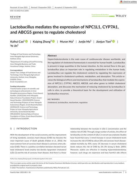 Pdf Lactobacillus Mediates The Expression Of Npc1l1 Cyp7a1 And Abcg5 Genes To Regulate