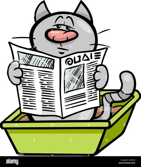 Cartoon Illustration of Cat Reading a Newspaper in his Litter Box Stock ...