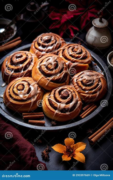 Cinnabon Buns With Glaze On Wooden Background Autumn Leaves Stock