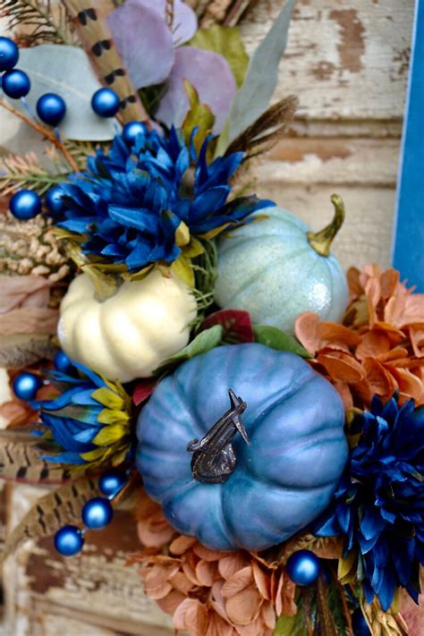 Blue And Copper Fall Pumpkin Wreath Pheasant Feather Wreath Etsy