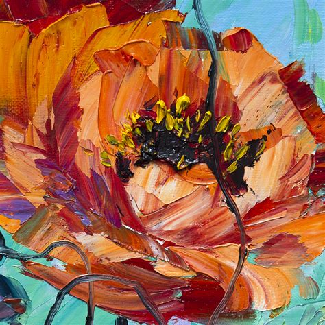 Red Poppy Flower Oil Painting Textured Palette Knife Original Art 12x20 Original Textured