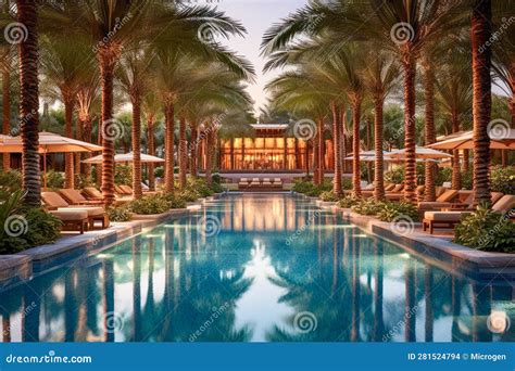 Resort Swimming Pool Surrounded By Palm Trees And Cabanas Evoking A