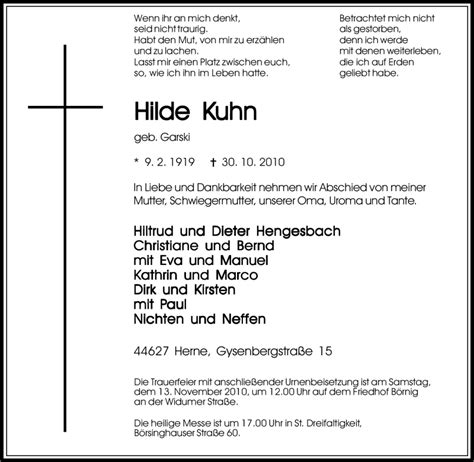 Traueranzeigen Von Hilde Kuhn Trauer In Nrw De