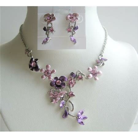 Enamel W Rhinestones Purple Necklace Set Flower Danglng Jewelry Set