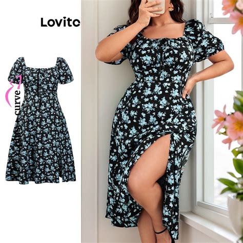 Lovito Plus Size Vestido Feminino Casual Floral Alinhado Fenda