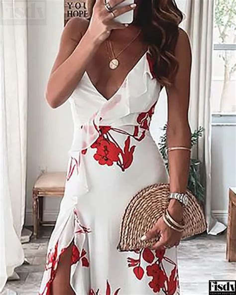 Floral Print Ruffle Maxi Dress With High Slits Fisdy Fashion Boutique