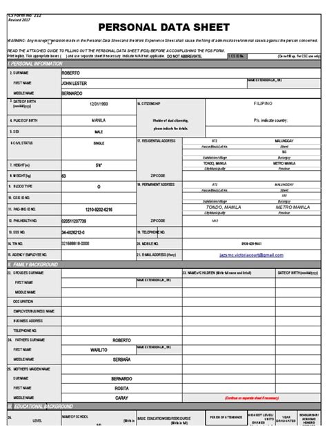 Cs Form No 212 Revised Personal Data Sheet New Pdf Passport Crimes