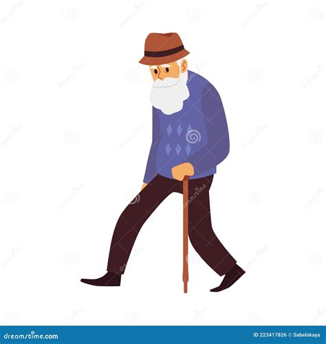 Tired Old Man Elderly Male Character With Walking Stick A Vector