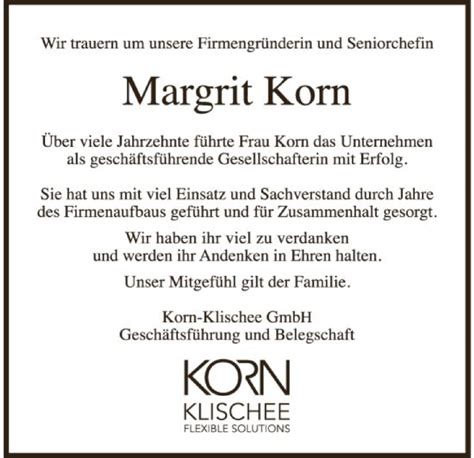 Traueranzeigen Von Margit Korn Trauer Hna De