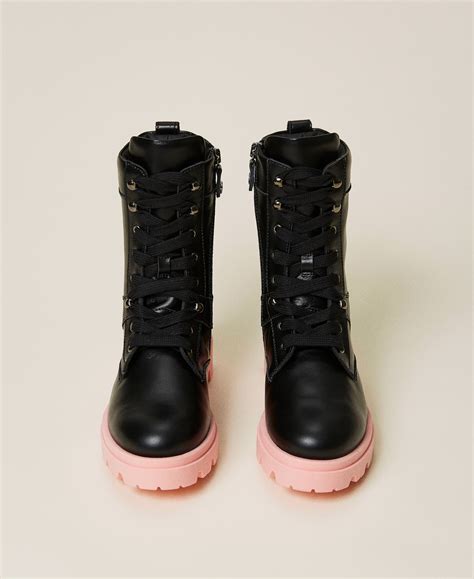 Bottines motardes en cuir avec semelle contrastée Enfant Noir