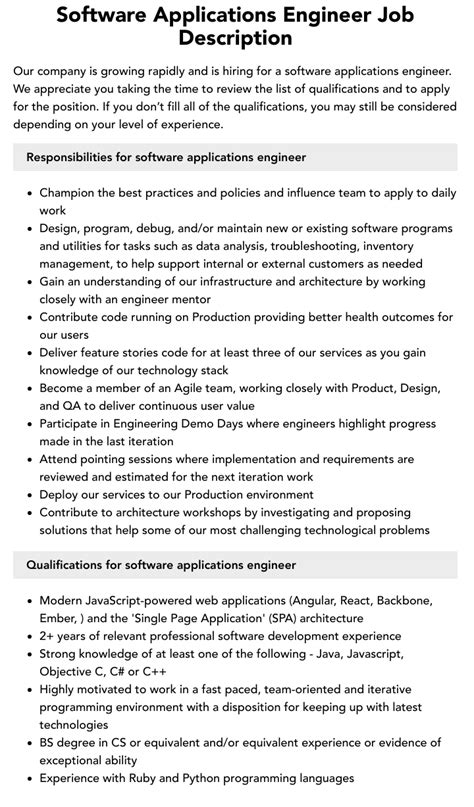 Software Applications Engineer Job Description Velvet Jobs