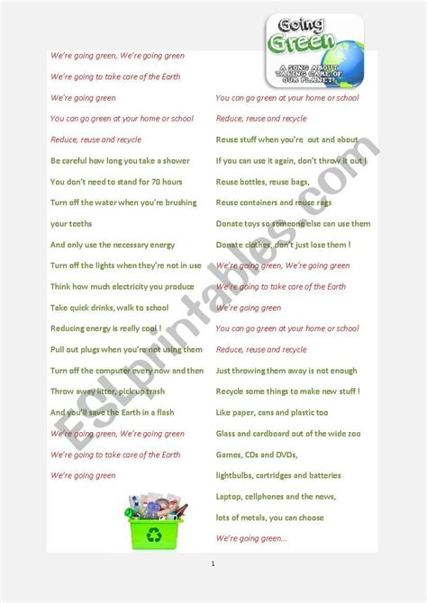 Earth Day - Going Green Rap Song - ESL worksheet by MsCuppa