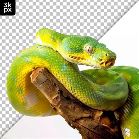 Una serpiente verde con piel amarilla y verde está acostada en una rama