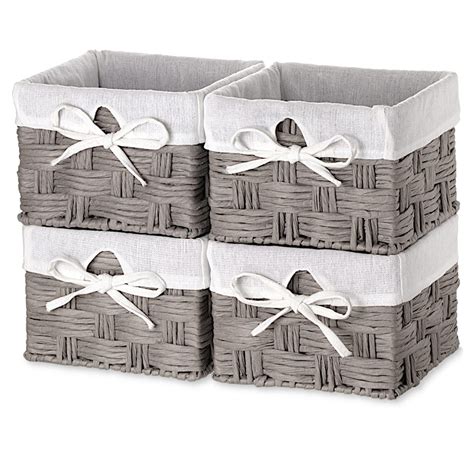 Ezoware Set Of 4 Basket Bins Gray Paper Rope Storage Cubes With Linen