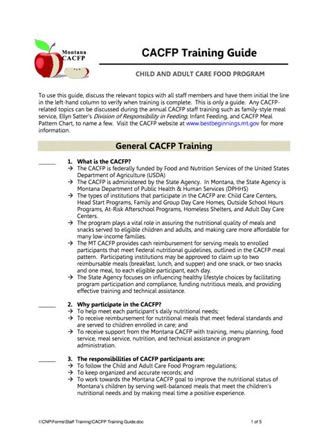 Fillable Online Dphhs Mt CACFP Training Guide Department Of Public