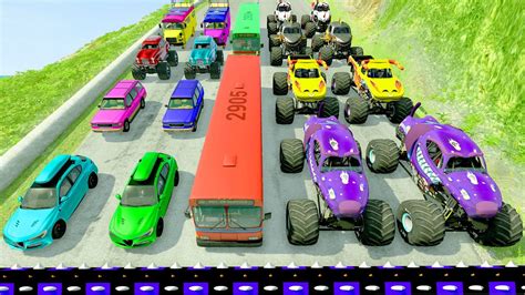 Monster Trucks Vs Bus City High Speed Crashes Color Speed Bumps Lava