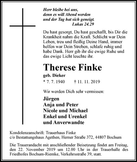 Traueranzeigen Von Therese Finke Trauer In Nrw De