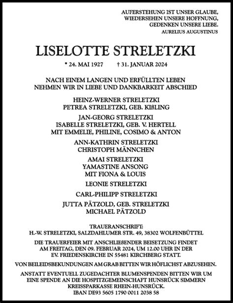 Traueranzeigen Von Liselotte Streletzky Rz Trauer De