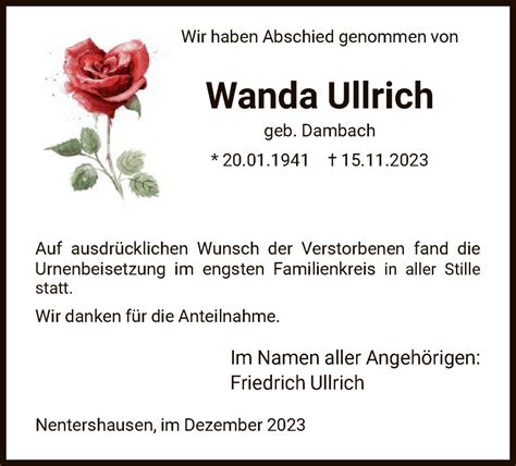 Traueranzeigen Von Wanda Ullrich Trauer HNA De