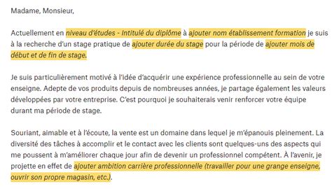 Lettre de motivation stage en vente exemple et modèle à télécharger