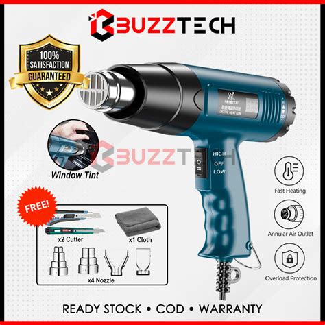 BuzzTech 2000W Heat Gun Hot Air Gun 2 Speed Blower Shrink Gun Adjustable Heavy Duty Car Window