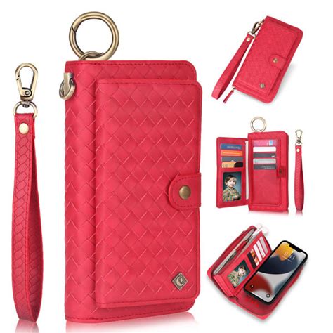 Pola Iphone 14 Pro Max 2 In 1 Magnetic Detachable Woven Leather Zipper Wallet Case With Wrist