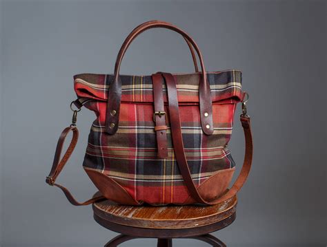 Red Canvas Tote Bag For Women Buffalo Leather Plaid Handbag Etsy