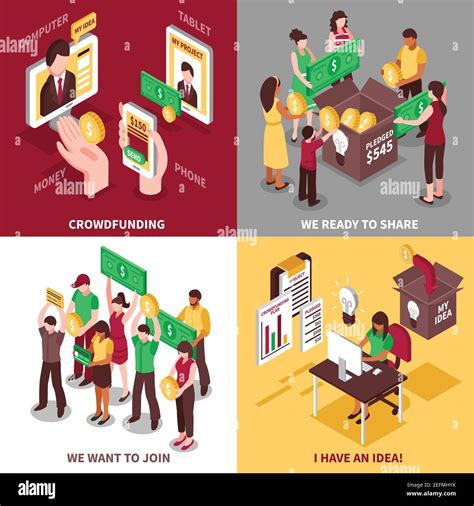 Online Crowdfunding And Creative Volunteers Isometric 2x2 Design