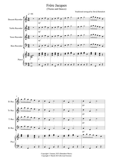 Frere Jacques Dances For Recorder And Piano Arr David Burndrett By