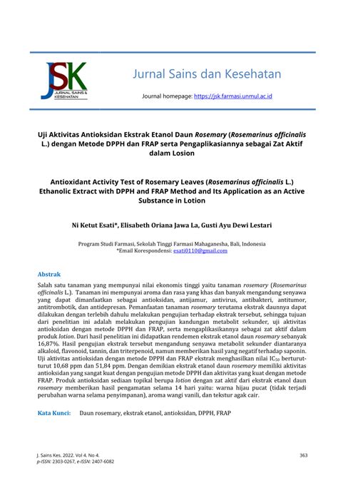 Pdf Uji Aktivitas Antioksidan Ekstrak Etanol Daun Rosemary