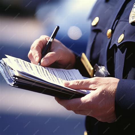 A closeup of a police officers hand holding a traffic citation book and