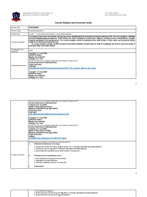 Pe4 Team Sports Syllabus For Entrep And Tm Pdf Lecture Physical
