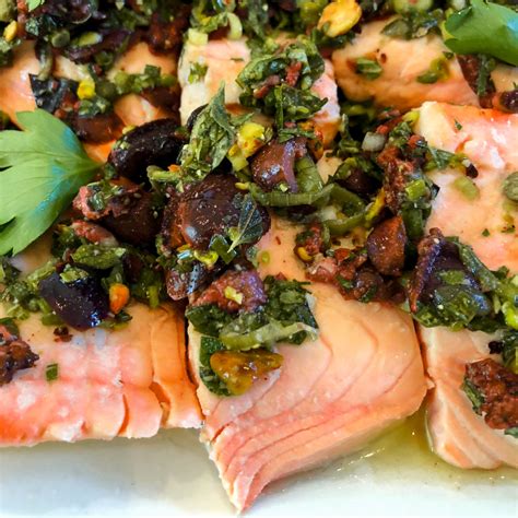 Poached Salmon with Black Olives, Capers & Pistachios - Greenleaf Platters