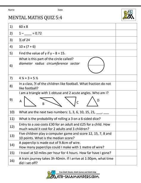 Mental Maths Practise Year 5 Worksheets