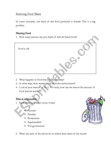 Reducing Food Waste Esl Worksheet By Headofwords