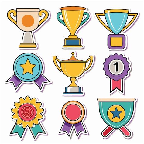 Colorful Trophy And Award Badges Achievement Icons For Winners