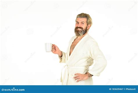 But First Coffee Handsome Man Bearded Guy In Bathrobe Or Drinking