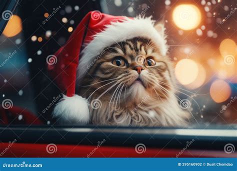 Cute Cat In A Santa Claus Costume Christmas Blurred Bokeh Lights